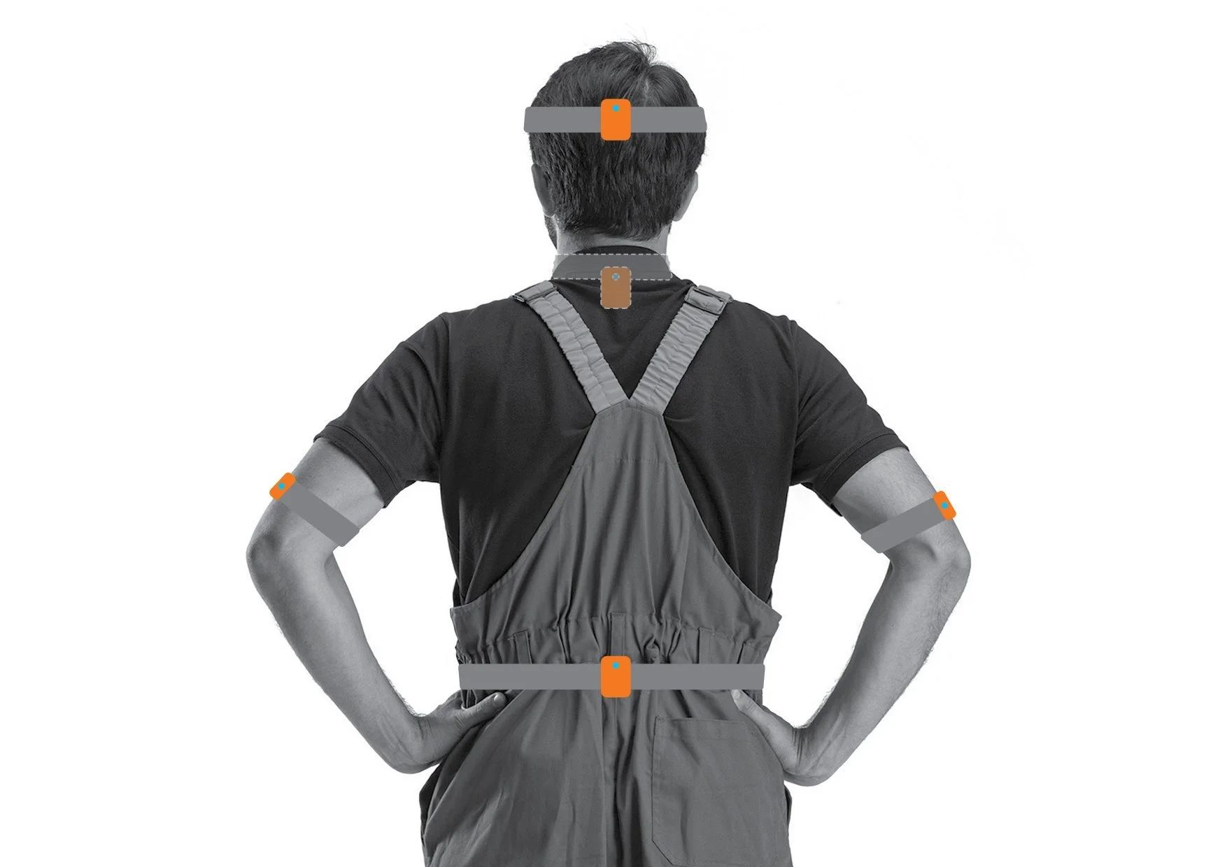Line illustration of a worker with Etiscope sensors placed at the upper back, lower back and both forearms