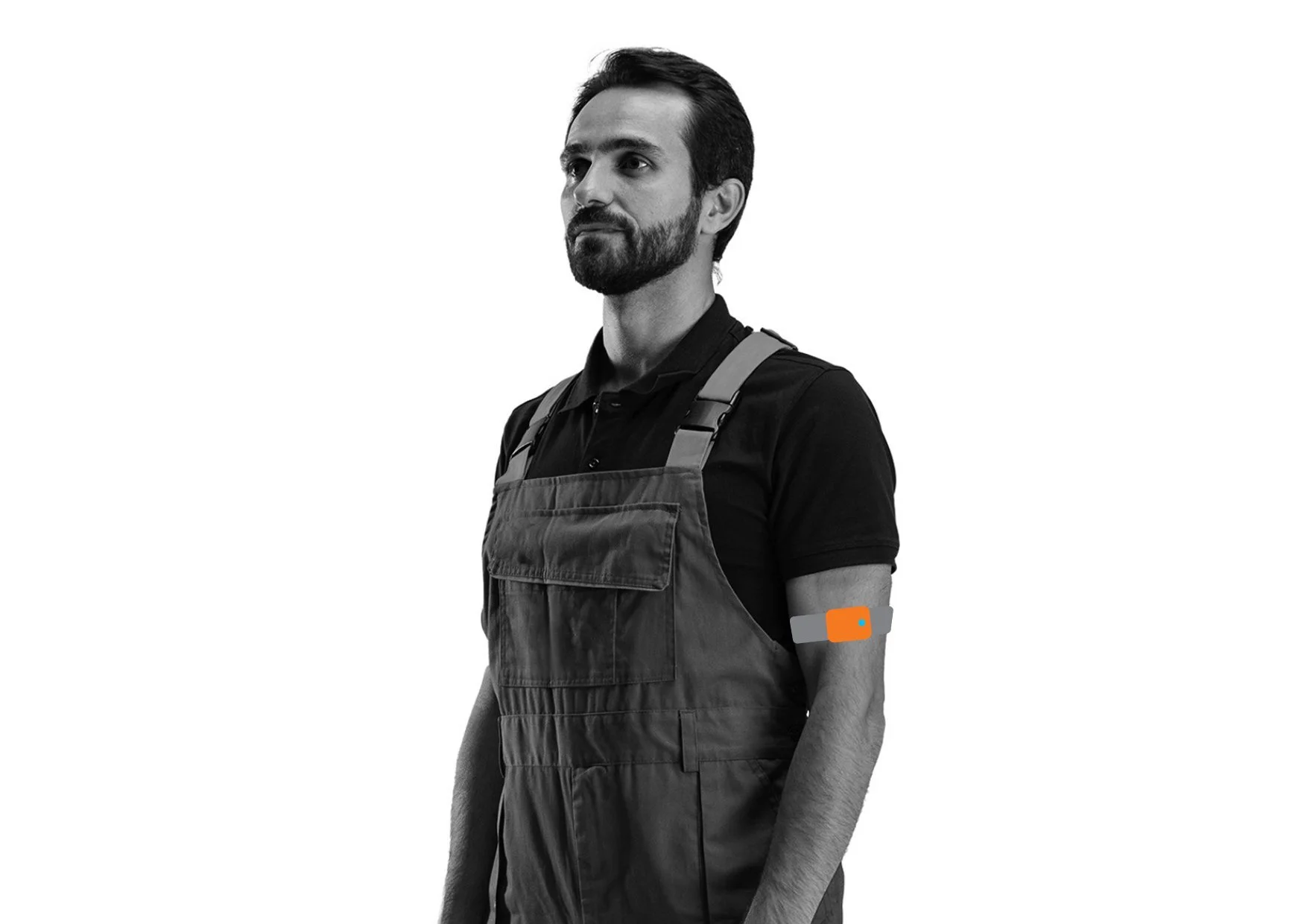 Detail illustration showing the Etiscope sensor strapped to a worker's forearm