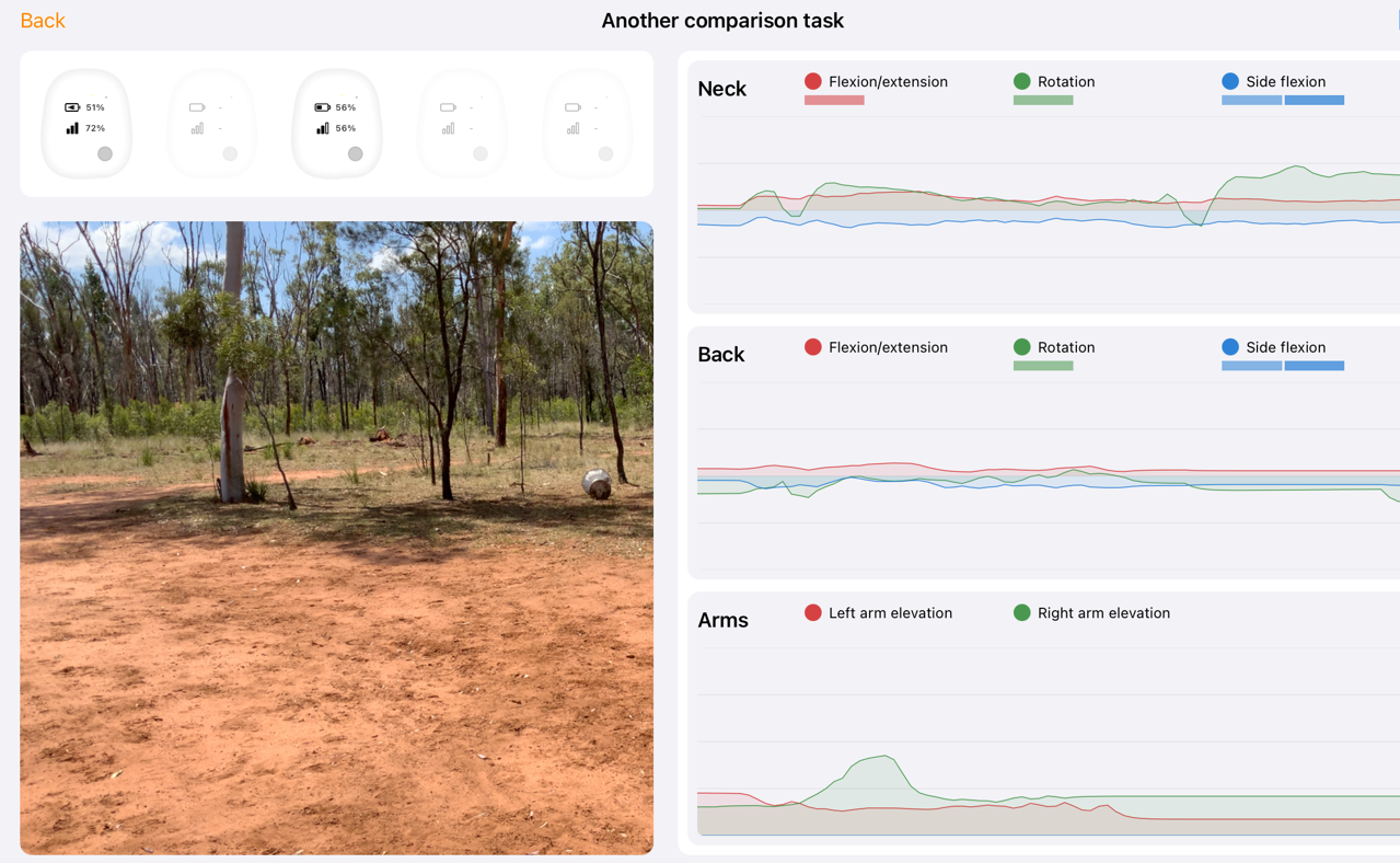 Etiscope Capture assessment in progress, with the live video pane beside the sensor and posture readouts