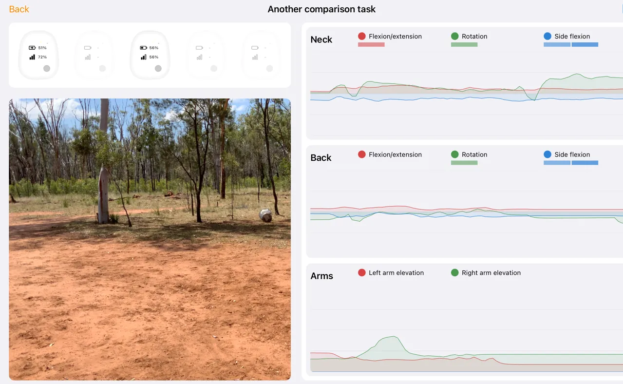 Etiscope Capture assessment in progress, with the live video pane beside the sensor and posture readouts