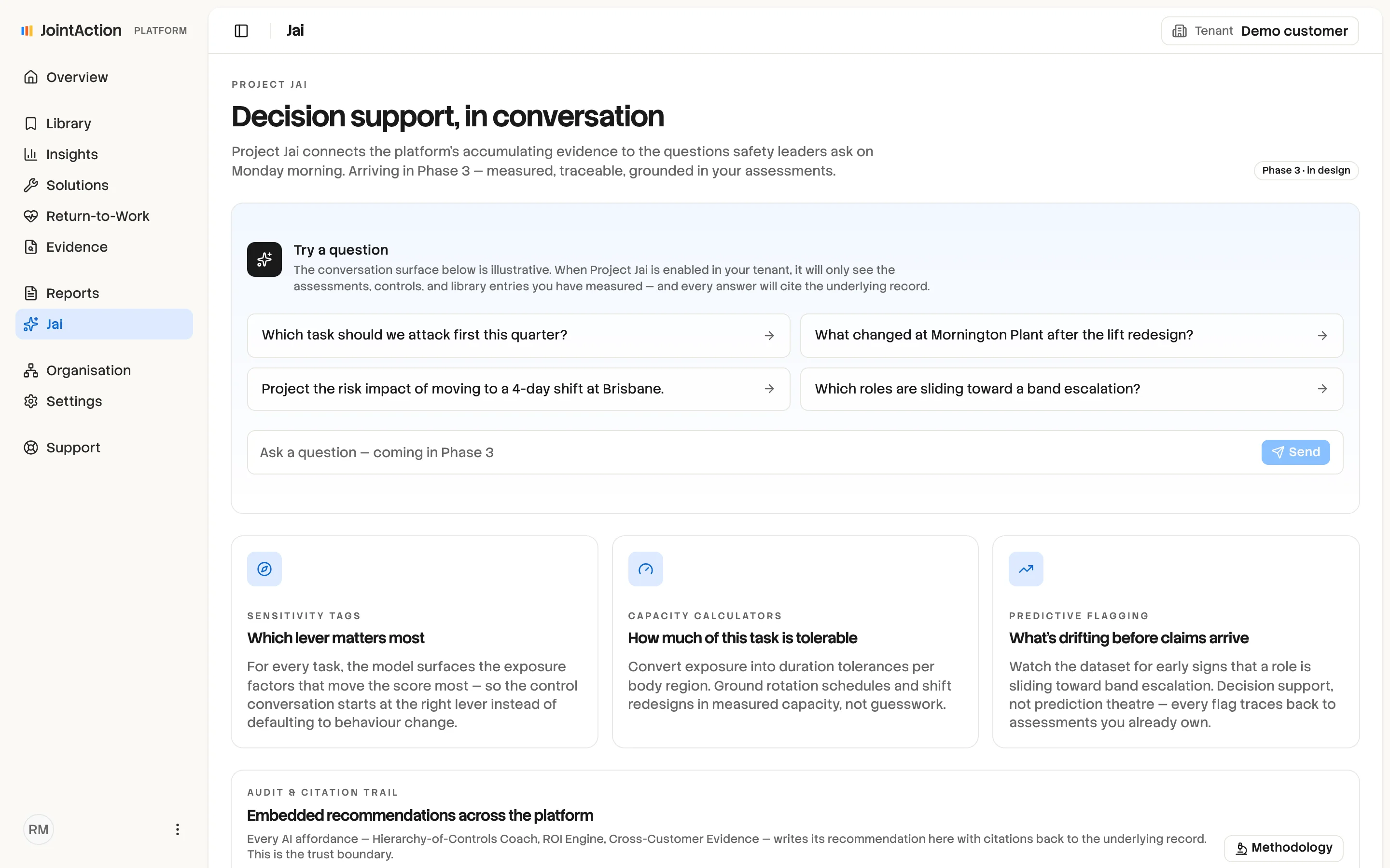 Etiscope AI decision support: example questions, sensitivity tags, capacity calculators and predictive flagging, with the audit and citation trail