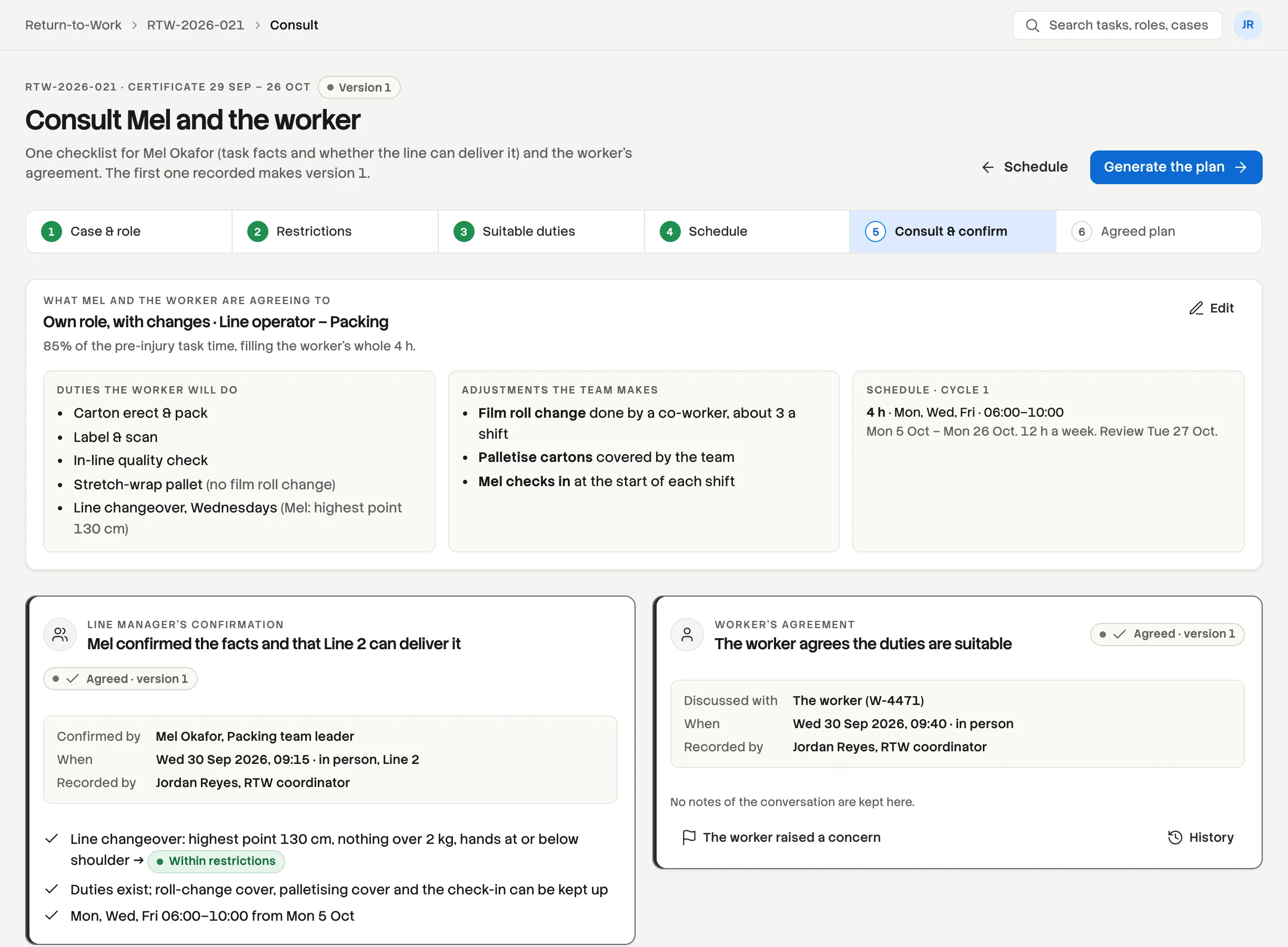 Consult and confirm: the worker's agreement and the line manager's single checklist, both recorded on version 1