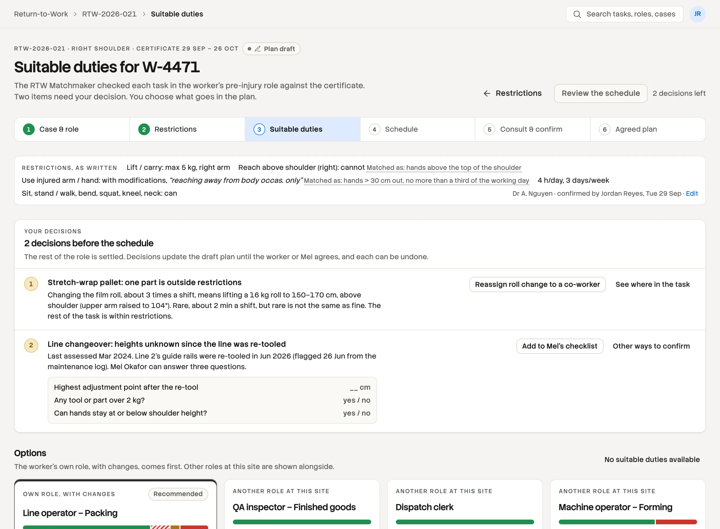 The suitable-duties hub: the restrictions as written, two open decisions about the stretch-wrap and line changeover tasks, and the options