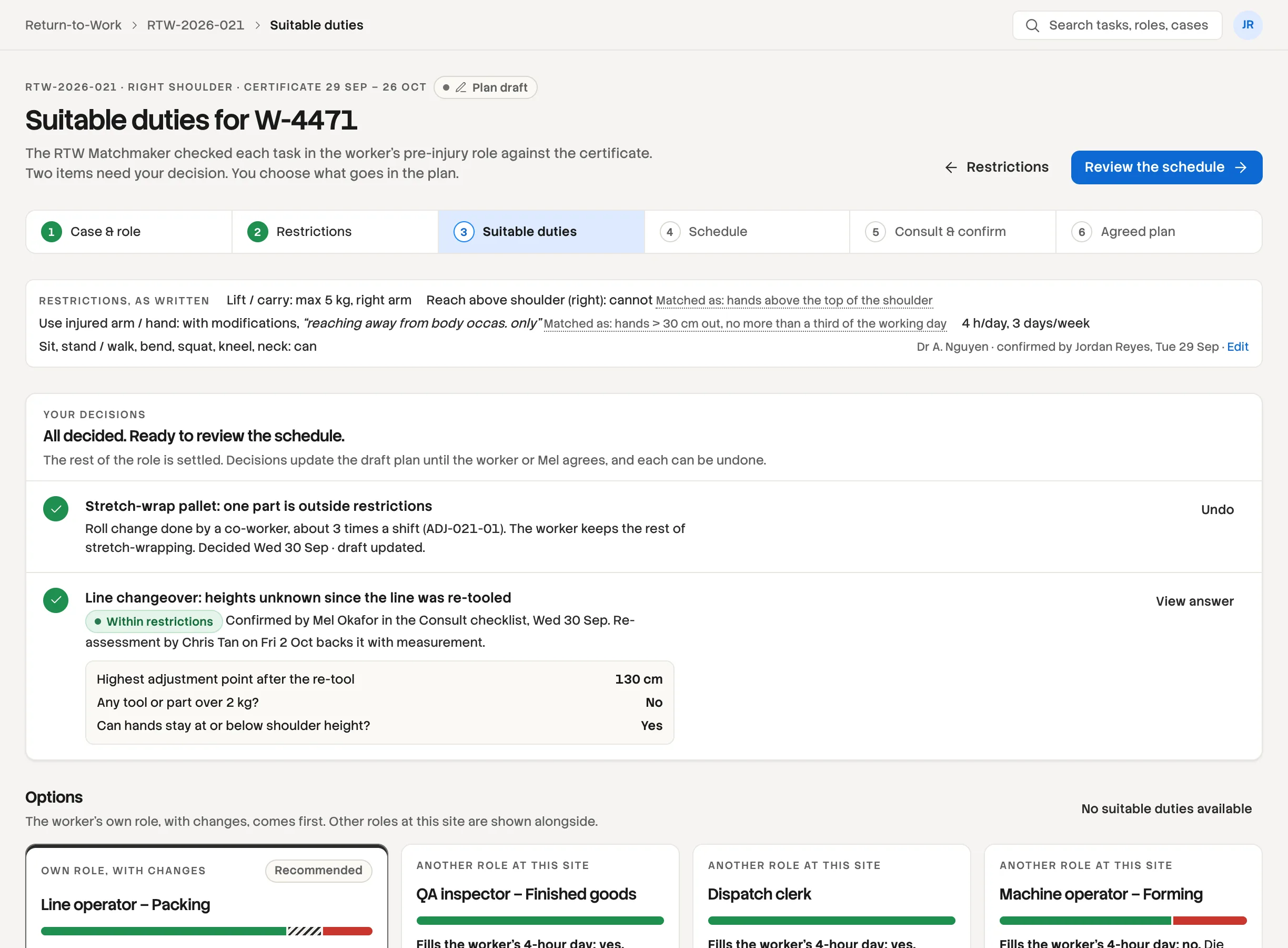 The suitable-duties screen for an RTW case: restrictions as written, two decisions resolved, and the worker's own role recommended with other roles at the site alongside